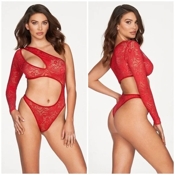 Fredericks of Hollywood Kerry Asymmetrical Lace Bodysuit - Picture 1 of 7